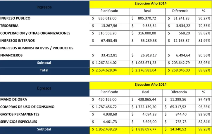 Tabla 11: Ejecución presupuestaria año 2014 
