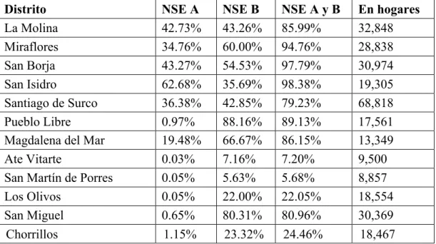 Tabla 3. Concentración de NSE Ay B y Hogares en el 2012 