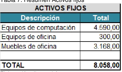 Tabla 7: Resumen Activos fijos 