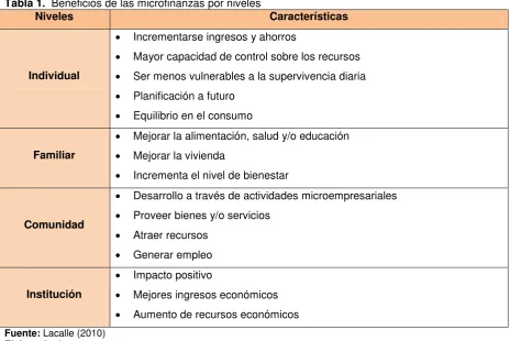 Tabla 1.  Beneficios de las microfinanzas por niveles 