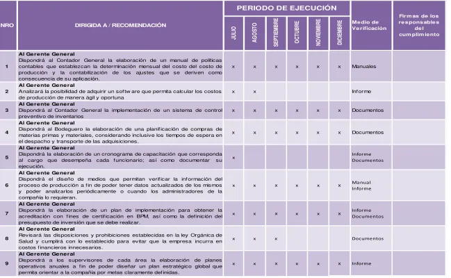 Tabla 9: Plan de implementación de recomendaciones 
