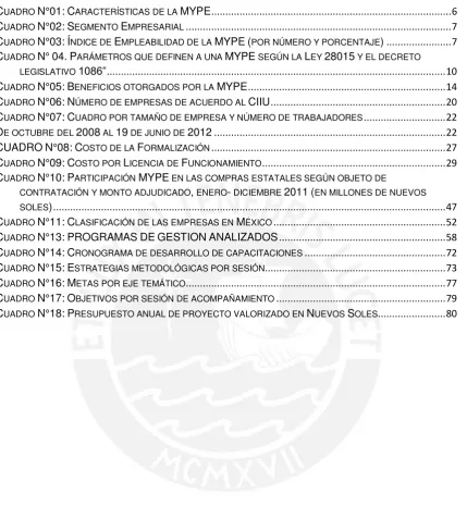 CUADRO N°01: CARACTERÍSTICAS DE LA MYPE ....................................................................................