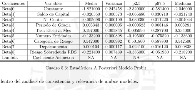 Cuadro 5.6: Estad´ısticas A Posteriori Modelo Probit