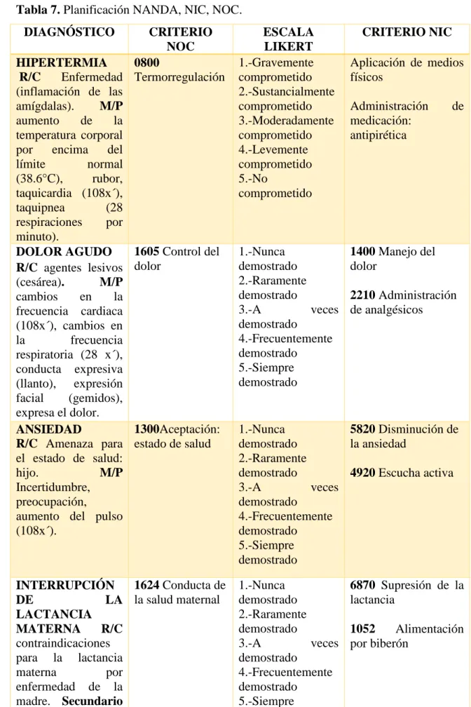 Tabla 7. Planificación NANDA, NIC, NOC. 