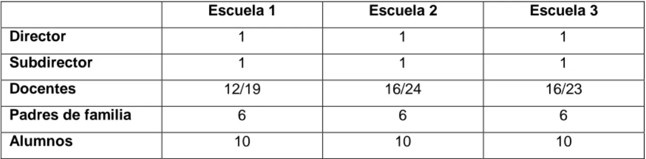 Tabla 3.1. Tamaño de la muestra de cada institución estudiada. 