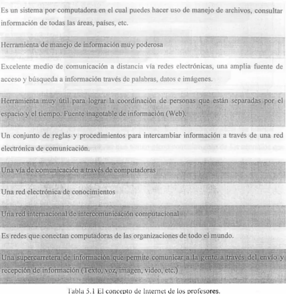 Tabla 5.1 El concepto de Internet de los profesores. 