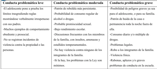 Cuadro No. 3. Evaluación de la gravedad de la conducta problemática adolescente. (Micucci,  2005, p, 213)