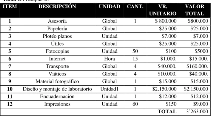Tabla 1. Presupuesto 