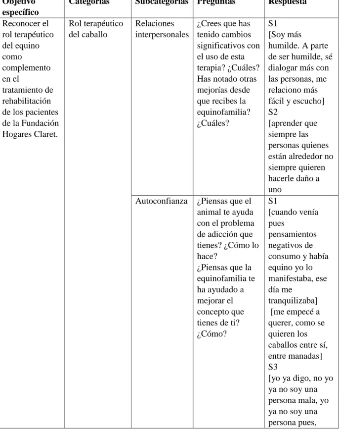 Tabla 2. Categoría 2, rol terapéutico del caballo. 