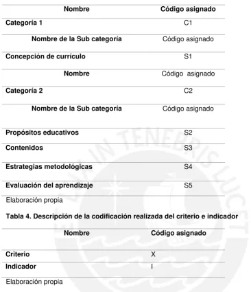 Tabla 4. Descripción de la codificación realizada del criterio e indicador  