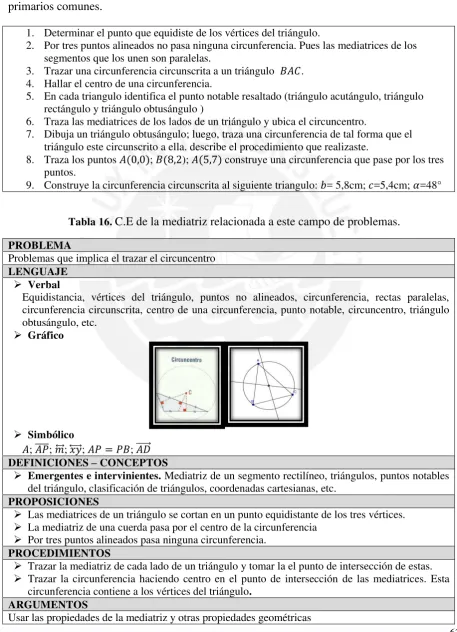 Tabla 16. C.E de la mediatriz relacionada a este campo de problemas. 