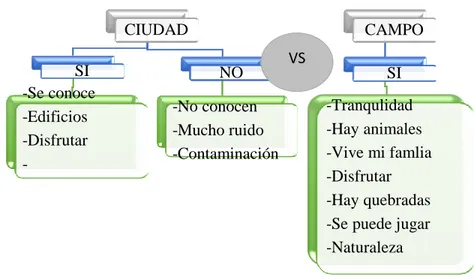 Figura 6. Categorización de lo que los niños de la comunidad de Sutatenza (centro)  prefieren, ciudad vs campo