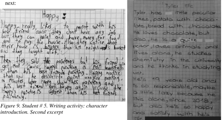 Figure 9. Student # 5. Writing activity: character  introduction. Second excerpt 