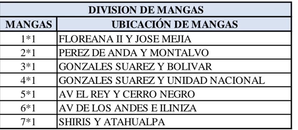 Tabla 4. Ubicación de mangas. 