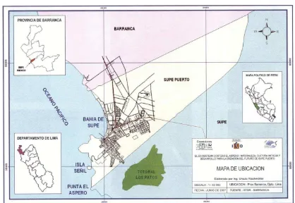 Figura 14. Contexto geográfico de Puerto Supe, playa La Isla y el totoral Los Patos 