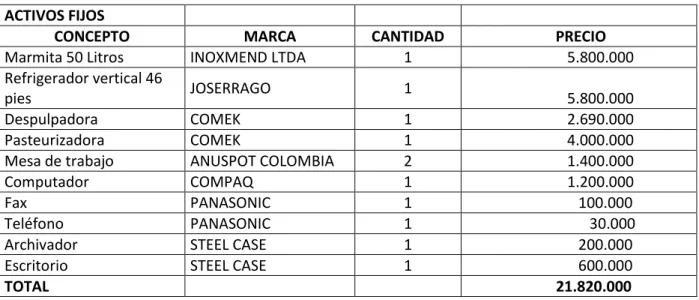 TABLA 2. PUESTA EN MARCHA DE LA EMPRESA PARA EL AÑO 1. 