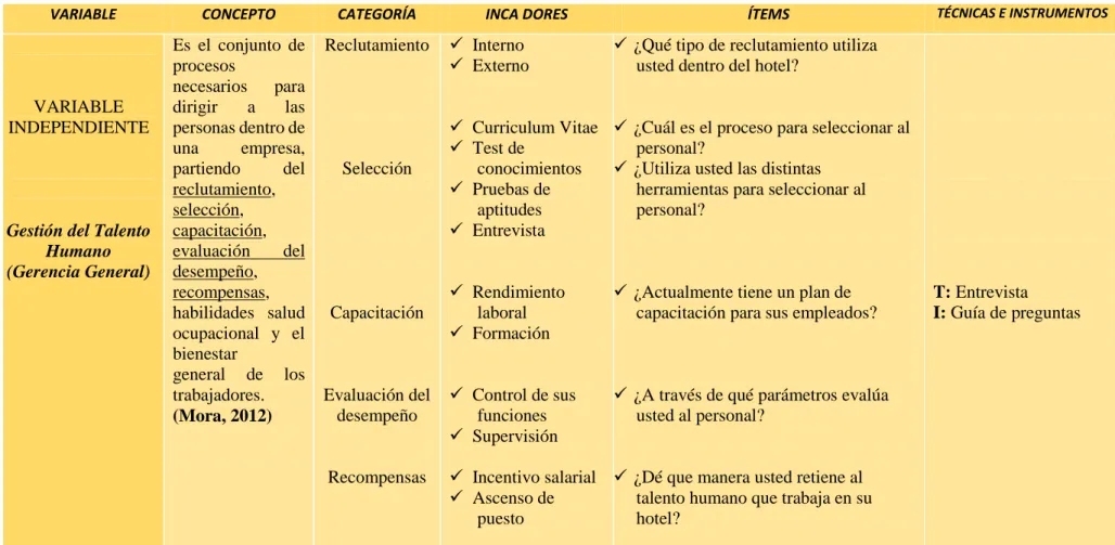 Tabla N° 2 Operacionalización de variables 