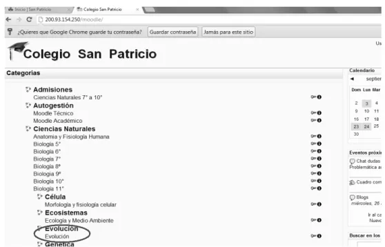 Figura 7.  Pantallazo del curso de evolución en la plataforma Moodle.   
