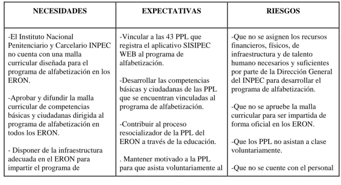 Tabla 1 Necesidades, expectativas y riesgos 