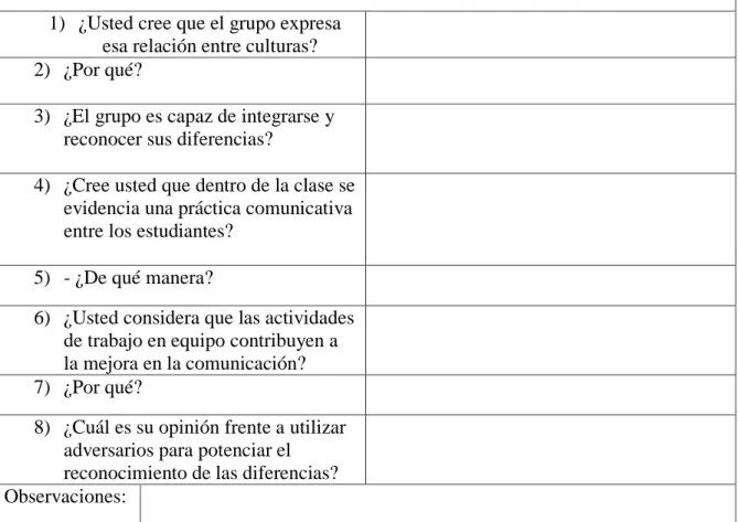 Tabla 15. Entrevista a la docente del colegio. Ejecución piloto del Proyecto Curricular  Particular