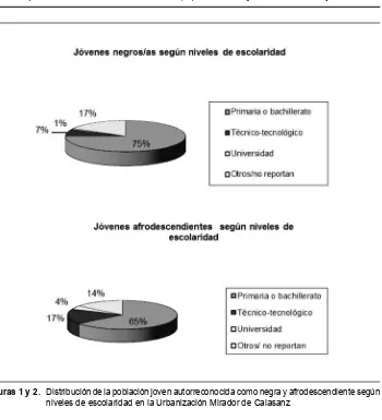 Figuras 1 y 2. Distribución de la población joven autorreconocida como negra y afrodescendiente según niveles de escolaridad en la Urbanización Mirador de Calasanz