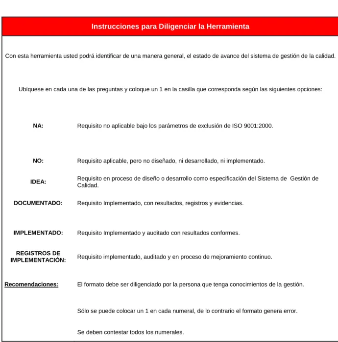 Tabla 1. Instrucciones para diligenciar la herramienta. 