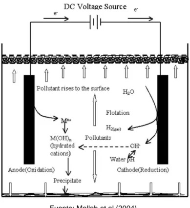 Figura 1. Diagrama esquemático de una celda de electrocoagulación de dos electrodos. 