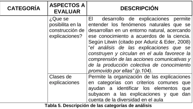 Tabla 5. Descripción de las categorías de análisis  