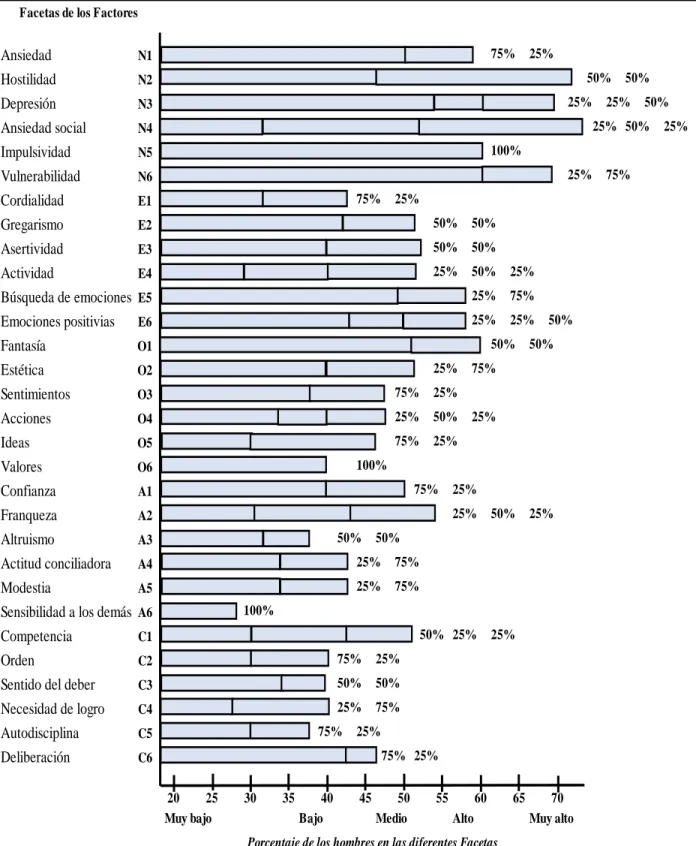 Figura 4. Puntuaciones de las facetas que engloban los factores de personalidad de los hombres víctima de violencia  leve (n = 4)