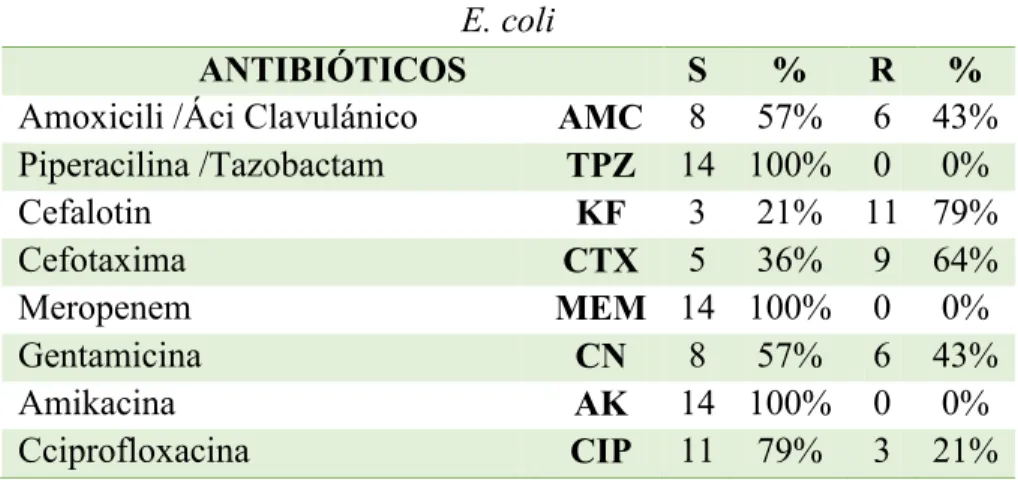Tabla 4. Sensibilidad y Resistencia de Escherichia coli en Infecciones Cutáneas. 