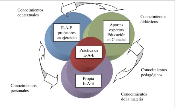 Figura 4. Contextos de reflexión y conocimientos implicados para un espacio de formación  inicial de profesores de ciencias
