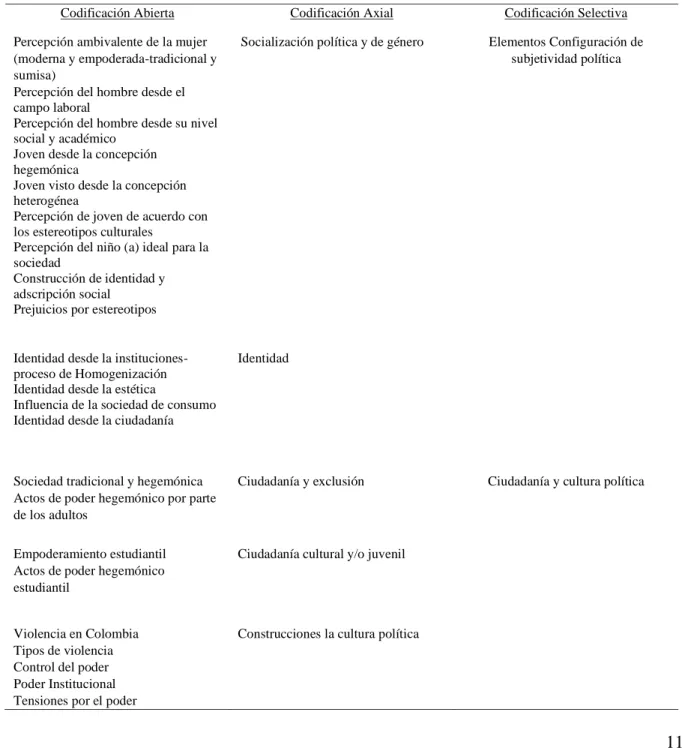 Tabla 5.  Resumen de categorías encontradas en cada codificación de los datos 