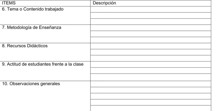 Tabla  9.  Formato  D3  para  el  registro  de  observaciones  en  una  clase  de  química  para  nivel  Micro  Curricular: 