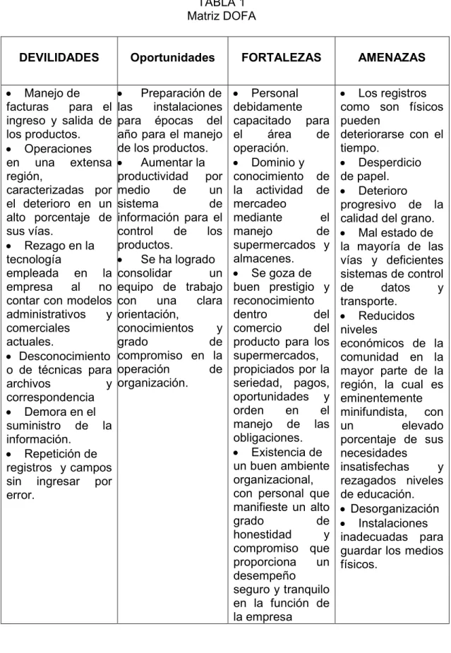 TABLA 1 Matriz DOFA