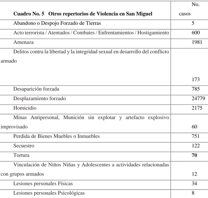 Cuadro No. 5   Otros repertorios de Violencia en San Miguel 