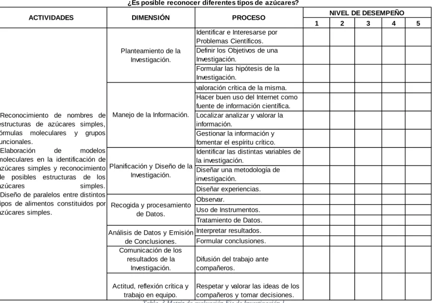 Tabla  3 Matriz de evaluación Eje de Investigación 1