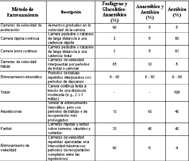 Tabla 1. Entrenamiento y contribución relativa de cada sistema energético 