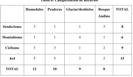 Tabla 6: Categorización de Recursos 