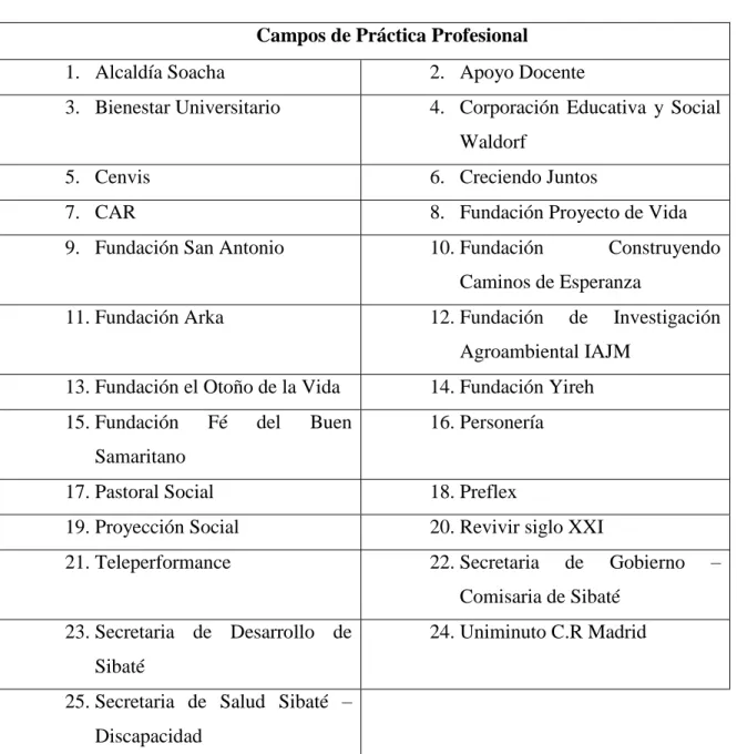 Tabla II. Campos de práctica profesional. Granados (2017) 