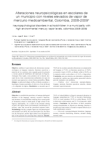 Alteraciones Neuropsicológicas En Escolares De Un Municipio Con Niveles ...