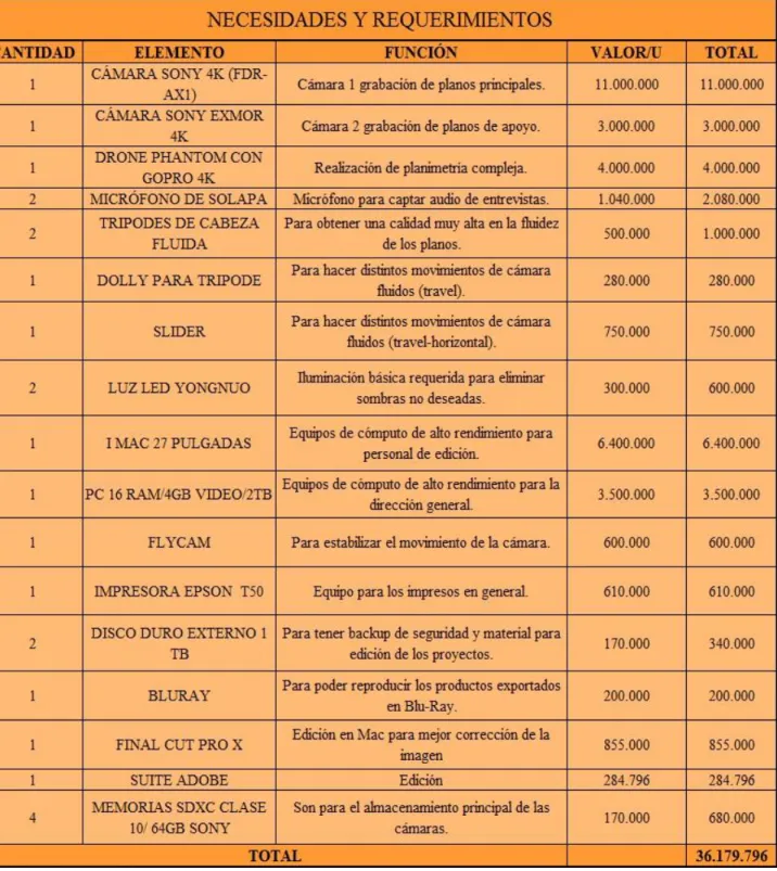 Tabla 8. Necesidades y Requerimientos