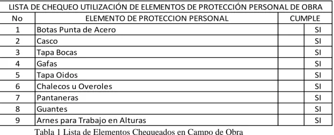 Tabla 1 Lista de Elementos Chequeados en Campo de Obra 