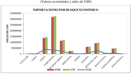 Gráfico 14: Importaciones por Bloque Económico, año 2013  (Valores en toneladas y miles de USD) 