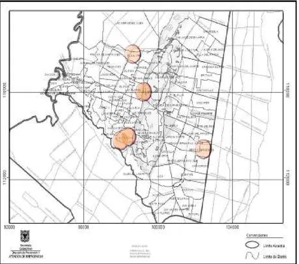 Ilustración  8.  Ubicación  geográfica  de  los  escenarios  de  tejeduría  observados  (Mapa  base:  CACD  1981,  Secretaría  de  Gobierno  Bogotá  D.C,  Dirección  de  prevención  de  Emergencias)   