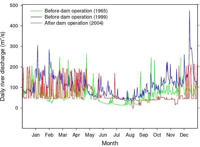 Figure 1. Daily flow of La Miel River: 1965 and 1999 prior to the start of the operation of Miel I hydropower plant, 2004 current scenario (tunnel discharge)