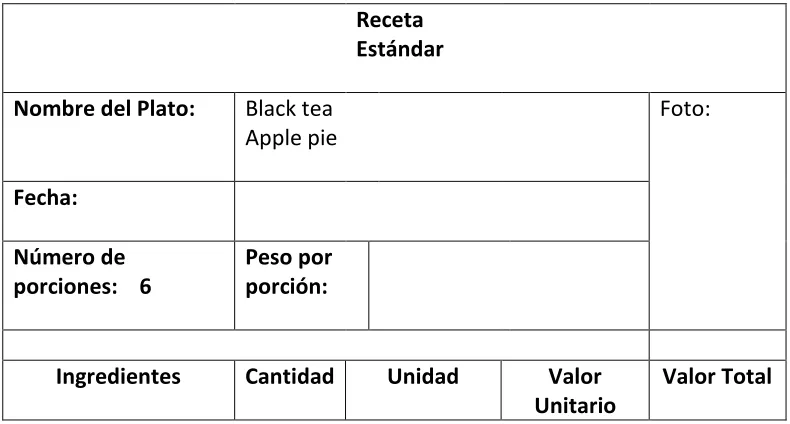 Tabla 14. Black tea Apple pie (4pax) 