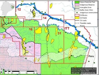 Figura 1:  Mapa que muestra los bloques petroleros y vías dentro del Parque Nacional Yasuní