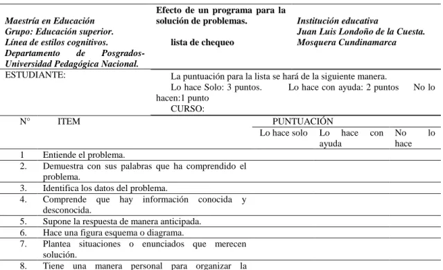 Tabla 4. Lista de chequeo