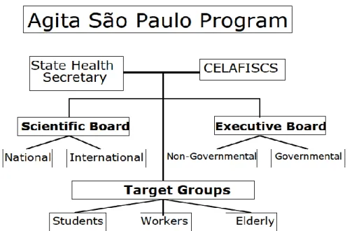 Figura  10  “Fuctional  organisation  of  Agita  Sao  Paulo”  Tomado  de:  “Policy  intervention:  The  experience of agita sao paulo in using "mobile management" of the ecological model to promote  physical activity” (V