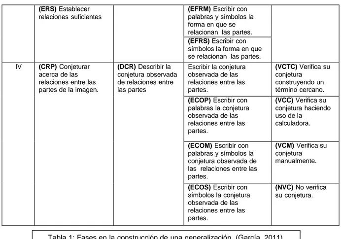 Tabla 1: Fases en la construcción de una generalización. (García, 2011) 